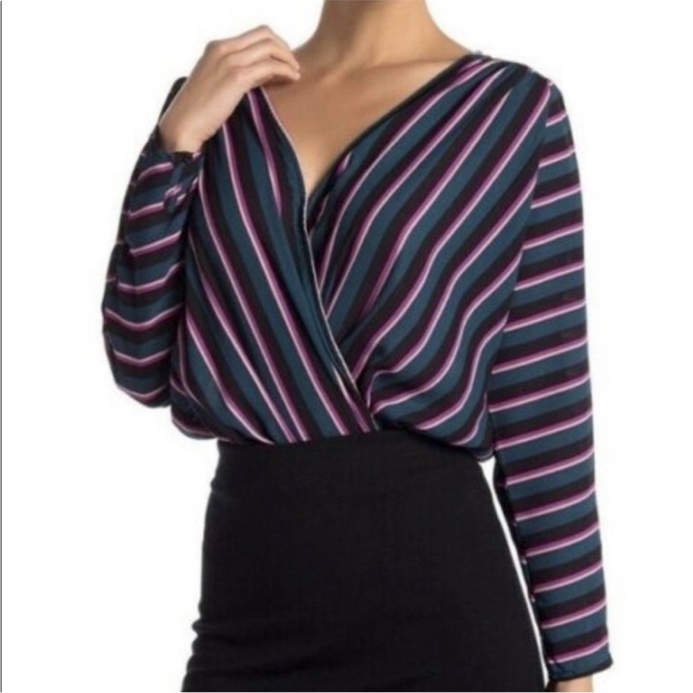ASTR the Label Striped Surplice V-Neck Long Sleeve Bodysuit Size M